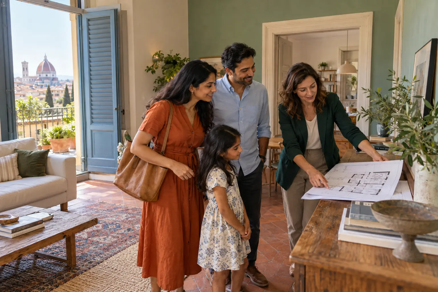 Indian family viewing a new home in Florence with an Italian relocation architect