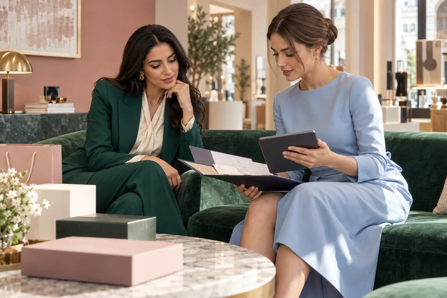 Arab private client reviewing tax-free documentation with an Italian retail specialist