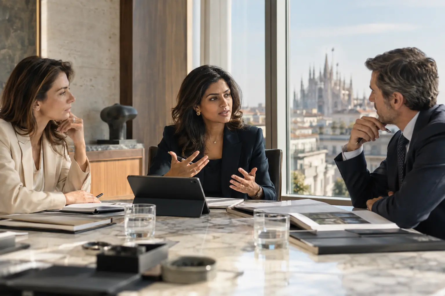 Indian business leader meeting Italian professional advisers in Milan
